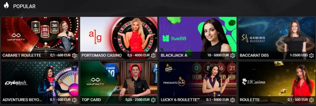 Élő kaszinó játékok a 1xSlots Casinóban, ahol játékosok különböző kaszinó játékokat élvezhetnek, mint a rulett, blackjack, és baccarat.