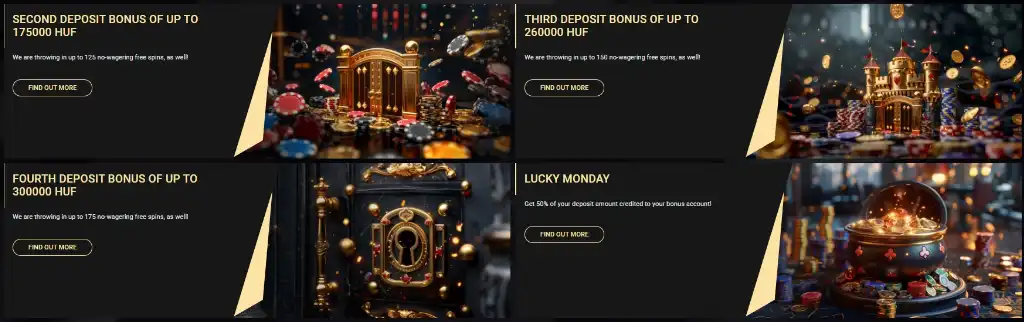 1xSlots Casino bónuszok és promóciók, beleértve a második, harmadik és negyedik befizetési bónuszokat, valamint a Lucky Monday promóciót.