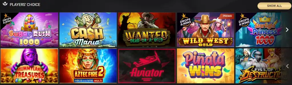 1xSlots Casino slot nyerőgépek kínálata, népszerű játékokkal mint a Sugar Rush, Cash Mania, és Wild West Gold.