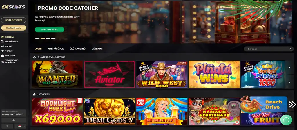 1xSlots Casino weboldalának főoldala, ahol játékosok navigálhatnak a különböző játékkategóriák között és promóciókat találhatnak.