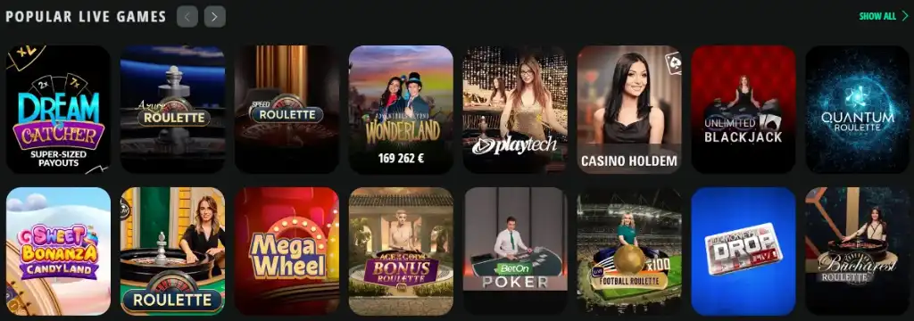 Drip Casino élő kaszinó játékok, népszerű élő osztós játékok választéka.