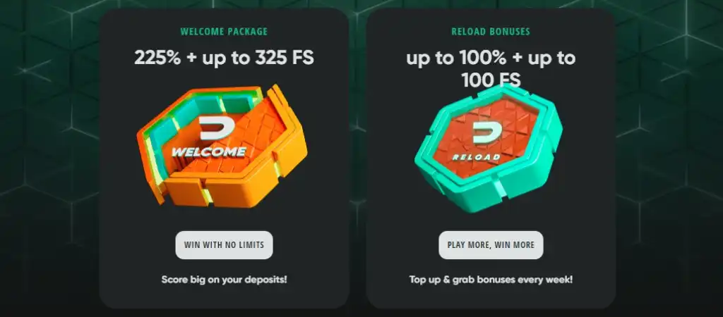 Drip Casino üdvözlő bónusz és reload bónusz ajánlatok.
