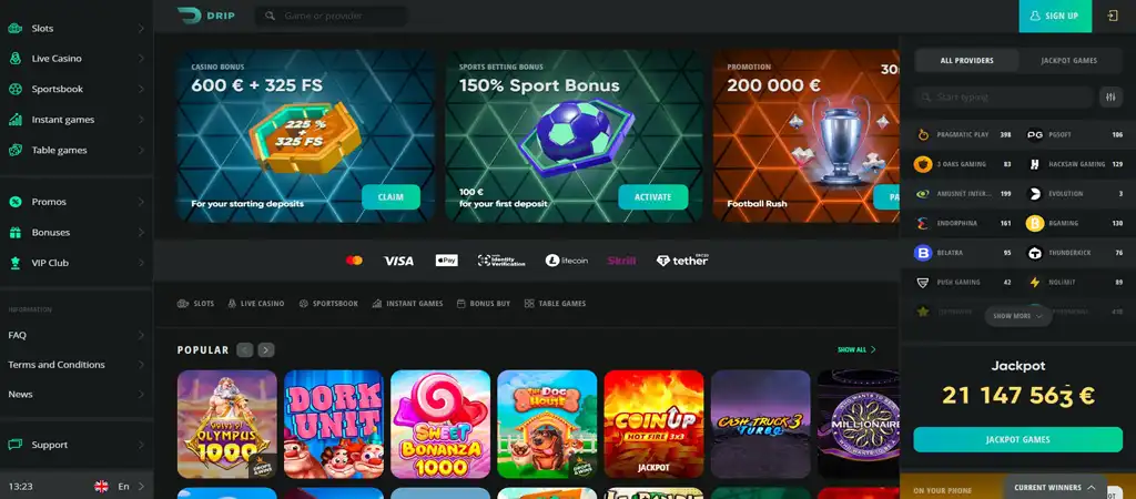 Drip Casino weboldal főoldala, online kaszinó játékok és bónuszok.