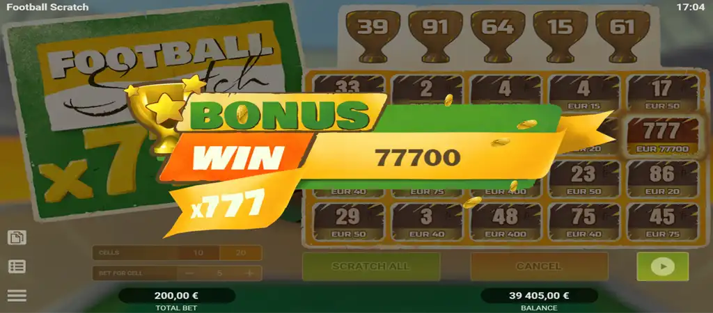 Football Scratch online kaparós sorsjegy játék képernyőképe, amely a Bonus 777 funkcióval 77700 eurós nyereményt mutat.