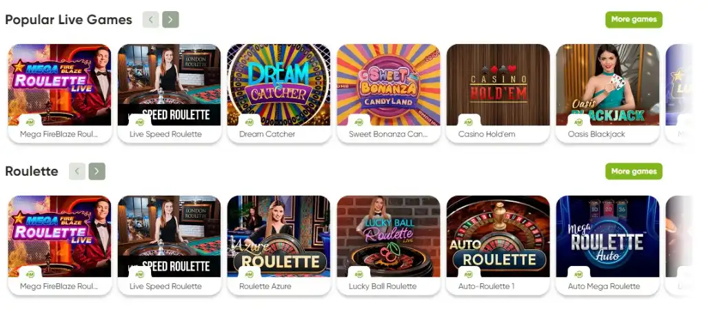 Fresh Casino élő kaszinó játékai, mint a Mega Fire Blaze Roulette és Dream Catcher.
