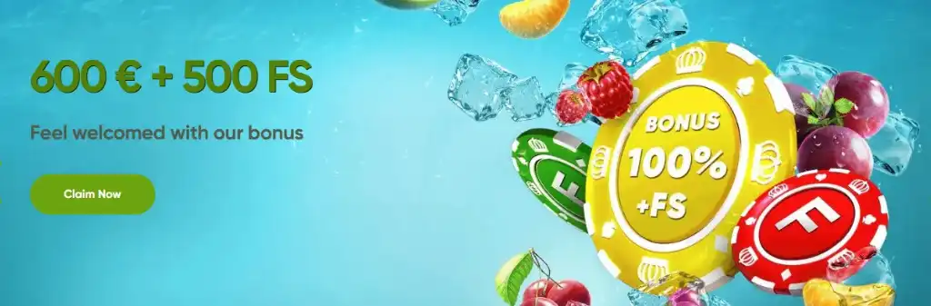 Fresh Casino üdvözlő bónusz banner, amely zöld színű hátteret és színes bónusz ajánlatokat tartalmaz, mint például ingyen pörgetések és befizetési bónuszok.