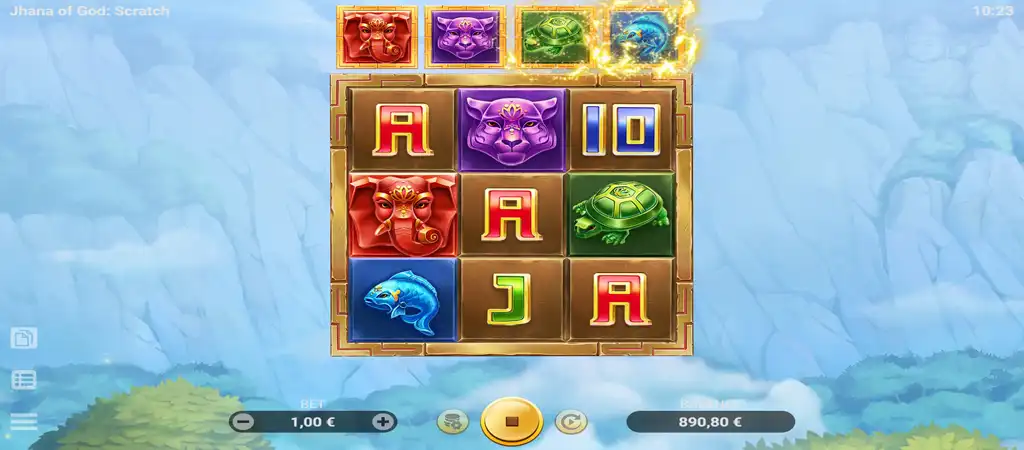 Evoplay Jhana of God: Scratch kaparós sorsjegy játékmenet képernyőképe, különböző szimbólumokkal a nyereményekért.