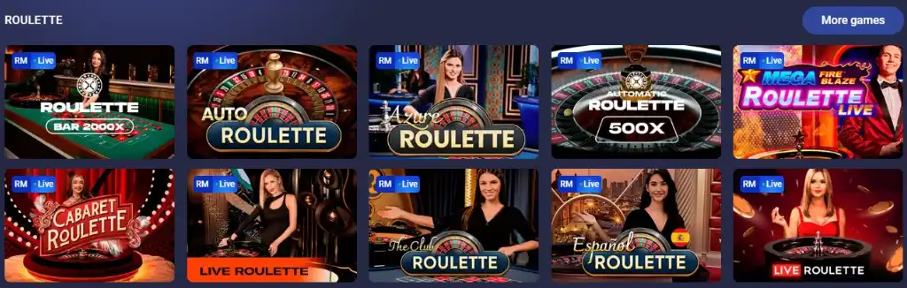 Legzo Casino élő rulett játékok széles választéka, valódi osztókkal és különféle rulett verziókkal.