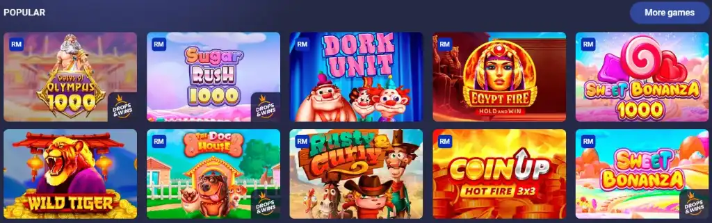 Legzo Casino népszerű nyerőgépei, köztük a Sugar Rush, Dork Unit, Egypt Fire és Sweet Bonanza.