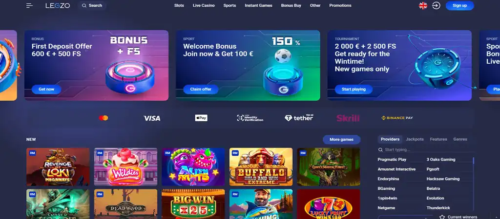 A Legzo Casino kezdőlapja üdvözlő bónusz ajánlatokkal, befizetési bónuszokkal és ingyenes pörgetésekkel, valamint különböző fizetési módokkal (Visa, Mastercard, Apple Pay, kriptovaluták). Az új játékok előnézetei és a népszerű játékfejlesztők listája is látható.