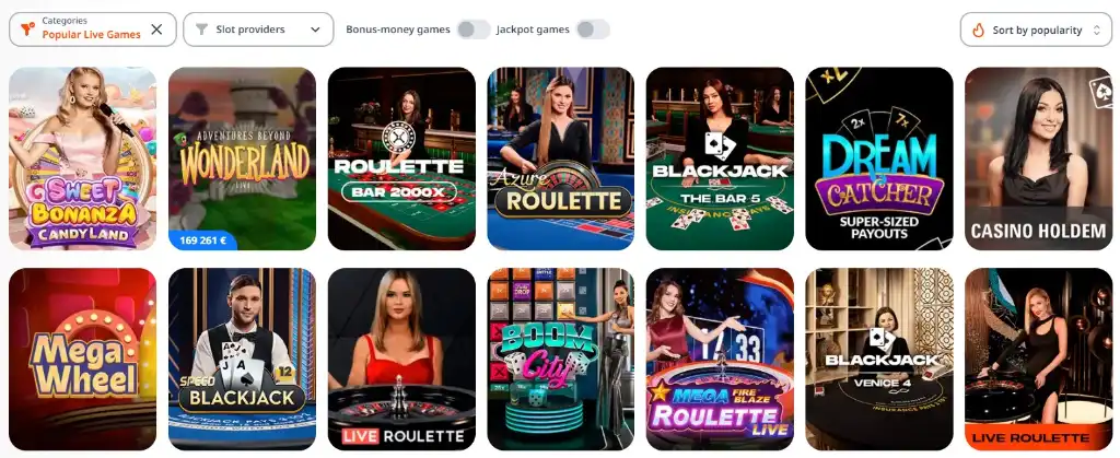 Élő osztós kaszinó játékok a Monro Casinóban: Sweet Bonanza, Adventures Beyond Wonderland, Roulette Bar 2000x, Blackjack, Dream Catcher, Casino Holdem.