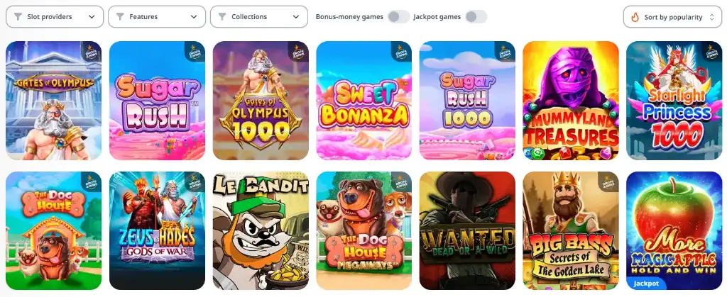 Népszerű slot nyerőgépek a Monro Casinóban: Gates of Olympus, Sugar Rush, Sweet Bonanza, Mummyland Treasures, Starlight Princess, The Dog House, Zeus vs Hades, Le Bandit, Wanted, Big Bass, More Magic Apple.