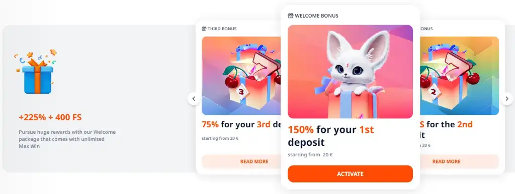 Monro Casino üdvözlő bónusz ajánlat: 225% + 400 ingyenes pörgetés, 150% az első befizetésre, 75% a második befizetésre, 75% a harmadik befizetésre.