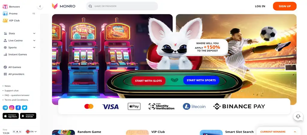 Monro Casino weboldal kezdőlapja: Játék kezdése nyerőgépekkel vagy sportfogadással, fizetési lehetőségek: VISA, Apple Pay, Identity Verification, Litecoin, Binance Pay.