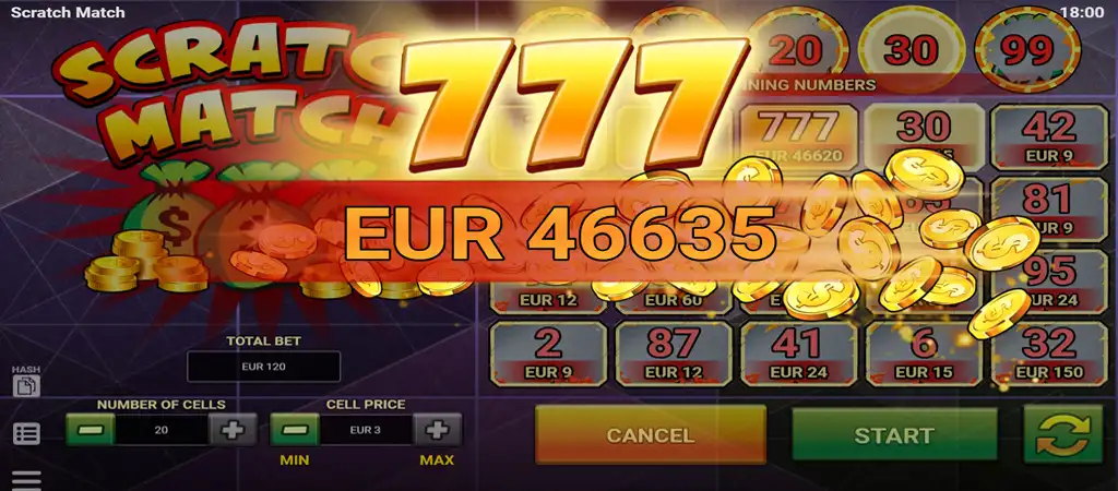Scratch Match online kapar&oacute;s sorsjegy j&aacute;t&eacute;k k&eacute;pernyők&eacute;p az Evoplay Entertainment-től, amelyen egy 46 635 eur&oacute;s nyerem&eacute;ny l&aacute;that&oacute;.