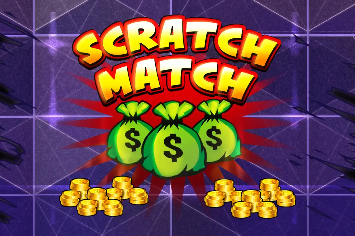 Scratch Match online kaparós sorsjegy játék logó az Evoplay Entertainment-től, pénzeszsákokkal és érmékkel.