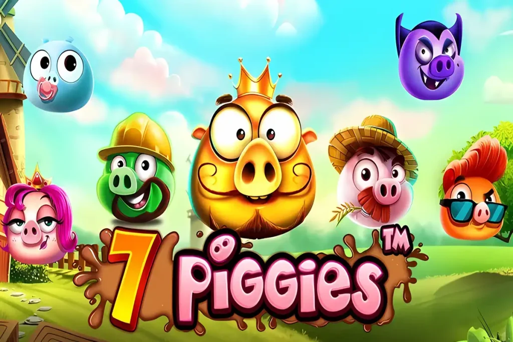 Színes kaparós sorsjegy játék 7 Piggies címmel a Pragmatic Play-től, különböző karakteres malacokkal, beleértve egy arany koronás malacot és vidám farmi háttérrel.