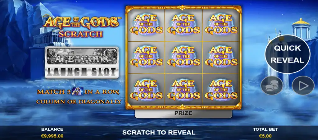 Mitológiai témájú kaparós sorsjegy játék Age of the Gods címmel a Playtech-től, ókori görög istenek hátterével és a játék címével.