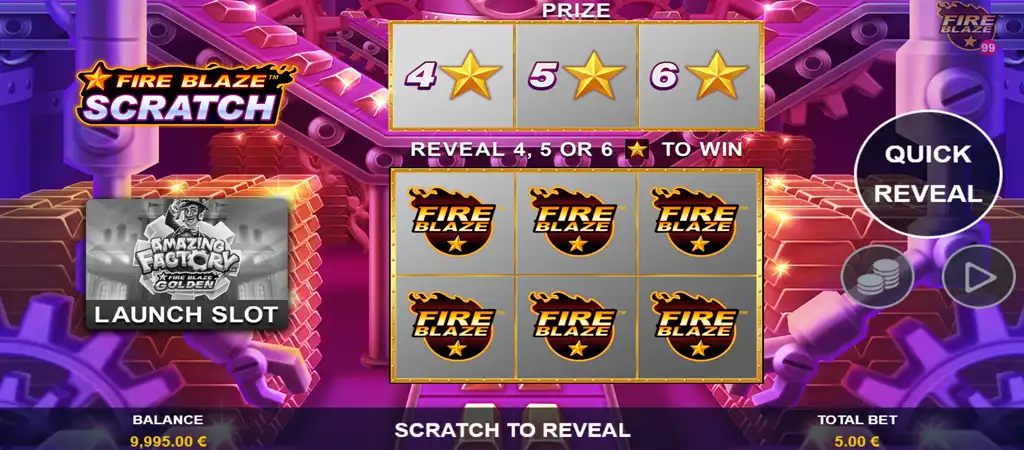 Tűz &eacute;s csillag t&eacute;m&aacute;j&uacute; kapar&oacute;s sorsjegy j&aacute;t&eacute;k Fire Blaze Scratch c&iacute;mmel a Playtech-től, lila &eacute;s arany h&aacute;tt&eacute;rrel &eacute;s a j&aacute;t&eacute;k c&iacute;m&eacute;vel.