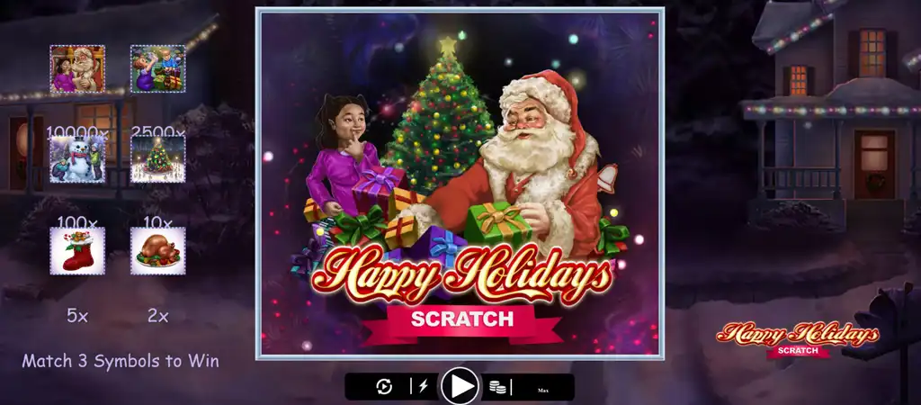 Happy Holidays online kapar&oacute;s sorsjegy a Microgaming-től, f&eacute;nyes, arany sz&iacute;nű betűkkel havas t&eacute;li &eacute;jszaka h&aacute;tter&eacute;ben. Alatta 'Scratch' piros szalaggal kiemelve.