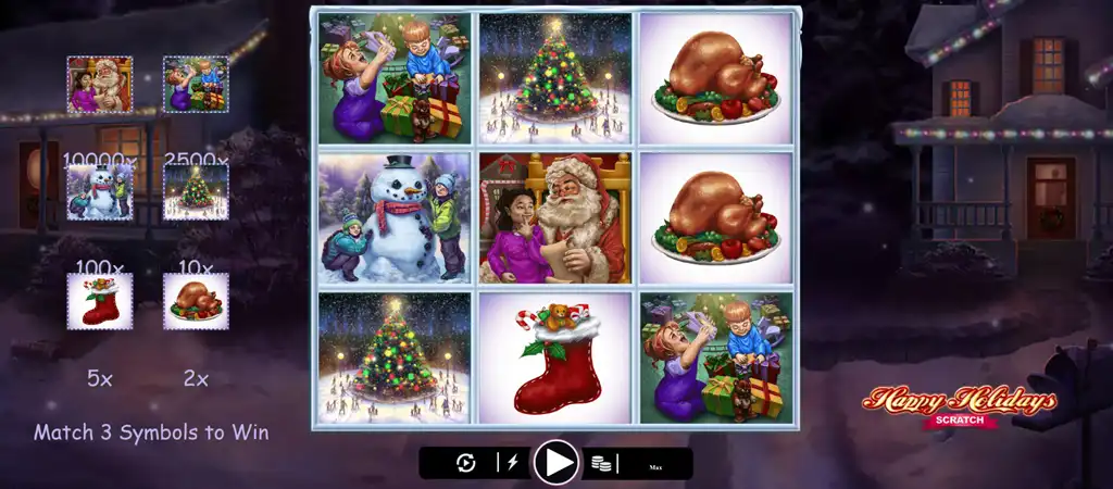 Happy Holidays online kapar&oacute;s sorsjegy a Microgaming-től, j&aacute;t&eacute;kmező T&eacute;lap&oacute;val, aj&aacute;nd&eacute;kokkal, kar&aacute;csonyf&aacute;val &eacute;s &uuml;nnepi vacsor&aacute;val havas t&eacute;li &eacute;jszaka h&aacute;tter&eacute;ben.
