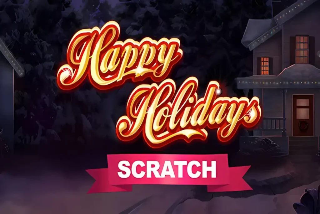 Happy Holidays online sorsjegy a Microgaming-től, f&eacute;nyes, arany sz&iacute;nű betűkkel havas t&eacute;li &eacute;jszaka h&aacute;tter&eacute;ben. Alatta 'Scratch' piros szalaggal kiemelve.