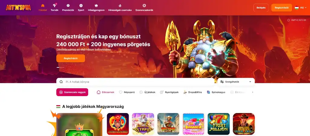 HitnSpin kaszinó weboldal főoldala, regisztrációs bónusz és népszerű játékok megjelenítése.