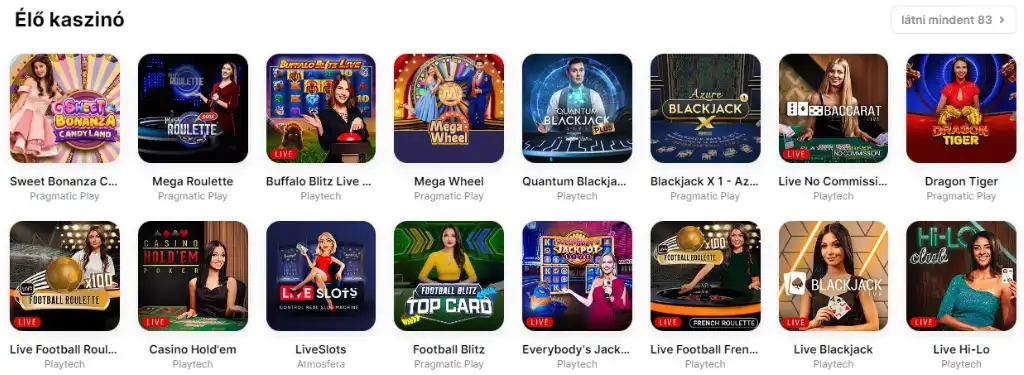 Élő kaszinó játékok választéka a HitnSpin oldalon, mint például Sweet Bonanza Candyland, Mega Roulette, Buffalo Blitz Live.