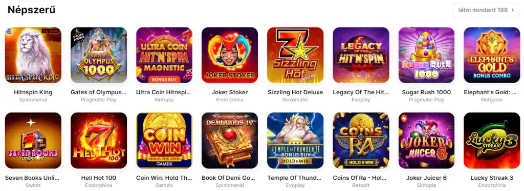 Népszerű kaszinó játékok a HitnSpin oldalon, beleértve a HitnSpin King, Gates of Olympus, Ultra Coin Hitspin, Joker Stoker játékokat.