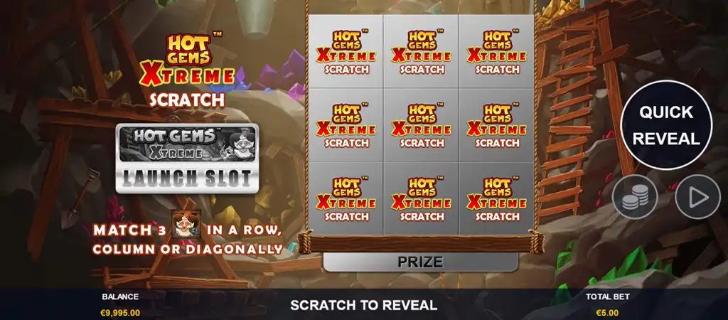 B&aacute;ny&aacute;szat &eacute;s dr&aacute;gakő t&eacute;m&aacute;j&uacute; kapar&oacute;s sorsjegy j&aacute;t&eacute;k Hot Gems Xtreme c&iacute;mmel a Playtech-től, b&aacute;ny&aacute;szati h&aacute;tt&eacute;rrel &eacute;s a j&aacute;t&eacute;k c&iacute;m&eacute;vel.