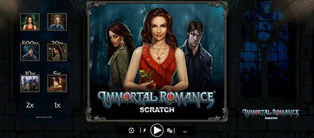 Immortal Romance online kapar&oacute;s sorsjegy a Microgaming-től, s&ouml;t&eacute;t, misztikus h&aacute;tt&eacute;rben n&eacute;gy karakterrel, k&ouml;z&eacute;pen egy vonz&oacute; nővel. Eleg&aacute;ns, ez&uuml;st sz&iacute;nű felirat, k&ouml;zep&eacute;n v&ouml;r&ouml;s dr&aacute;gakővel.