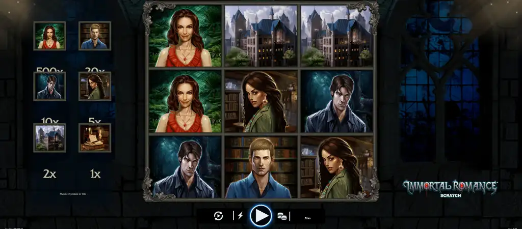 Immortal Romance online kapar&oacute;s sorsjegy a Microgaming-től, j&aacute;t&eacute;kmező misztikus karakterekkel, k&ouml;zt&uuml;k egy vonz&oacute; nővel, egy s&ouml;t&eacute;t h&aacute;tt&eacute;rrel rendelkező kast&eacute;ly előtt.