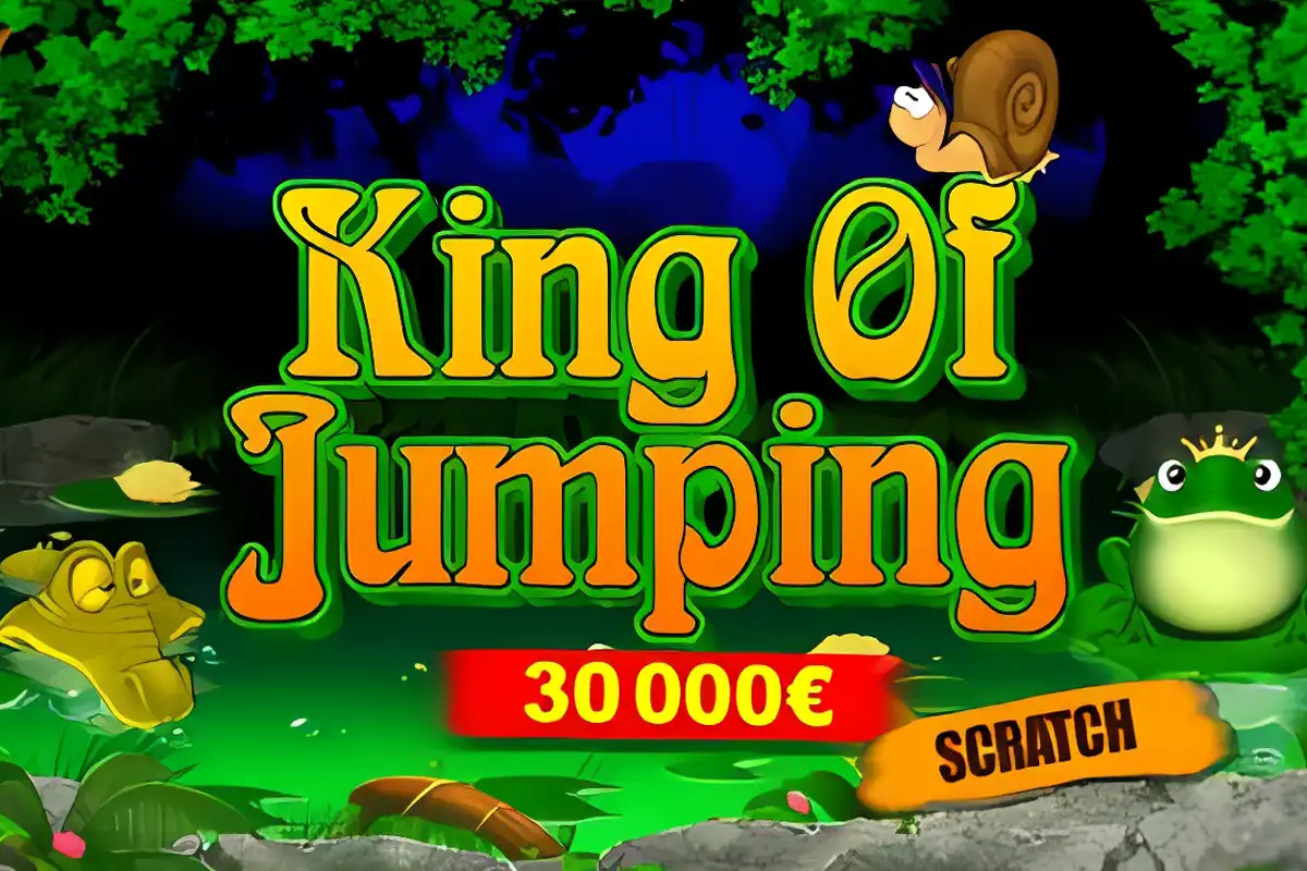 Színes kaparós sorsjegy játék King of Jumping címmel a Belatra Games-től, animált karakterekkel, köztük egy békakirály, egy csiga és egy aligátor egy mesebeli erdei környezetben.