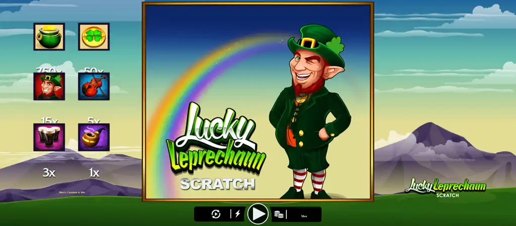 Lucky Leprechaun online kaparós sorsjegy a Microgaming-től, zöld kalapos, vörös szakállas szerencsés leprechaunnal, háttérben négylevelű lóhere mintával.