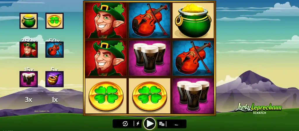 Lucky Leprechaun online kaparós sorsjegy a Microgaming-től, játékmező zöld kalapos, vörös szakállas szerencsés leprechaunnal, négylevelű lóhere, korsó sör és hegedű szimbólumokkal.
