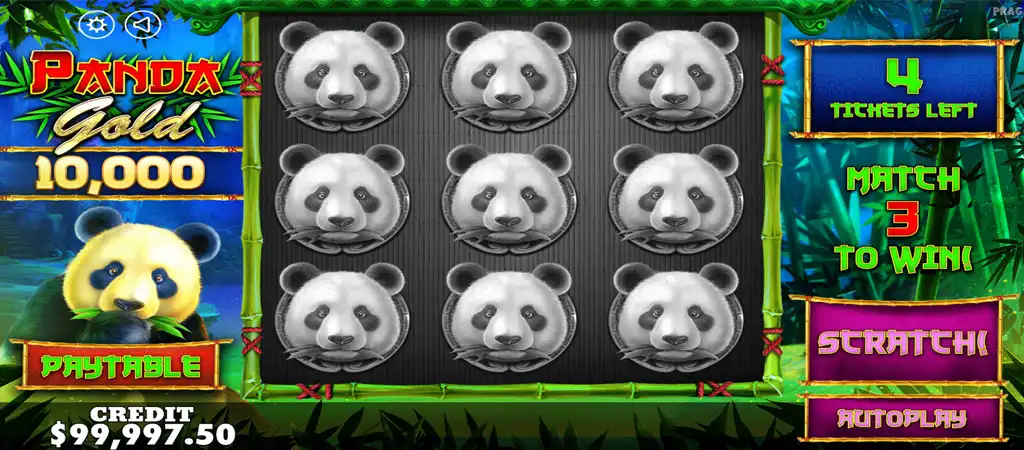 Panda témájú kaparós sorsjegy játék Panda Gold címmel a Pragmatic Play-től, panda arcokkal a rácson, bambusz háttérrel és a játékmenet részleteivel.