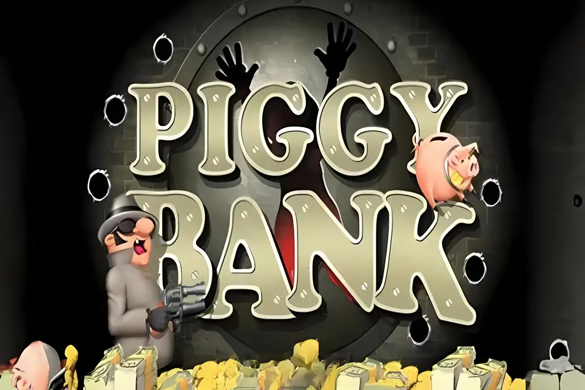 Rajzfilmszerű bankrablás témájú kaparós sorsjegy játék Piggy Bank címmel a Belatra Games-től, egy álarcos rablóval, aki pisztolyt tart, malacpersely ikonokkal és egy páncélterem háttérrel.
