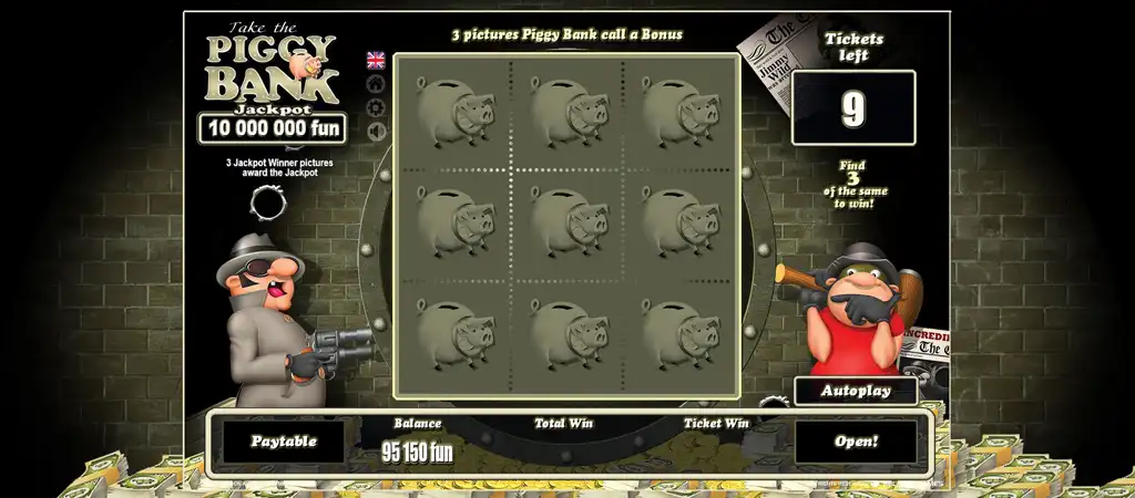 Anim&aacute;lt kapar&oacute;s sorsjegy j&aacute;t&eacute;k Piggy Bank c&iacute;mmel a Belatra Games-től, bankrabl&aacute;s jelenettel, rajzfilmszerű rabl&oacute;kkal, p&eacute;nzk&ouml;tegekkel &eacute;s malacpersely ikonokkal a p&aacute;nc&eacute;lterem ajtaja előtt.
