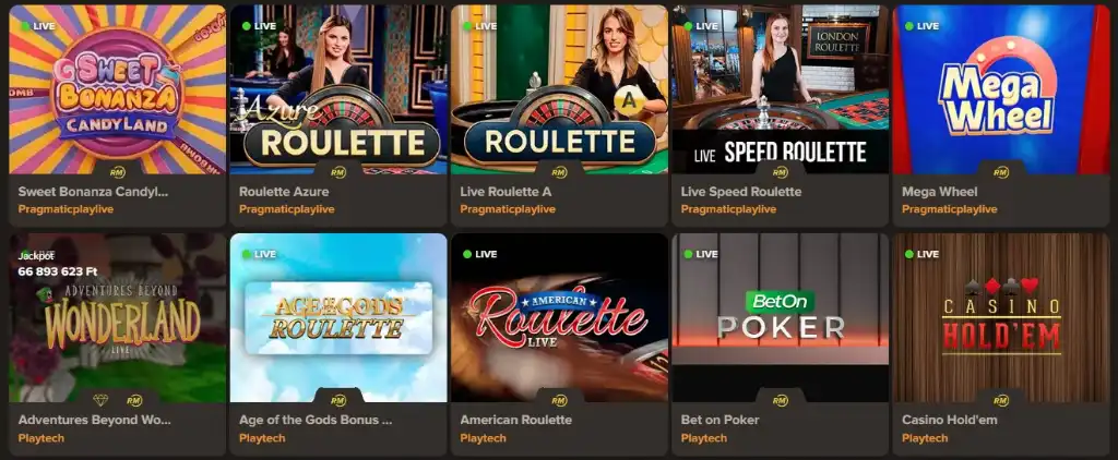 Sol Casino élő kaszinó játékok - Sweet Bonanza, Roulette Azure, Live Roulette, Speed Roulette, Mega Wheel, Adventures Beyond Wonderland, Age of the Gods Roulette, American Roulette, Bet on Poker, Casino Hold'em.