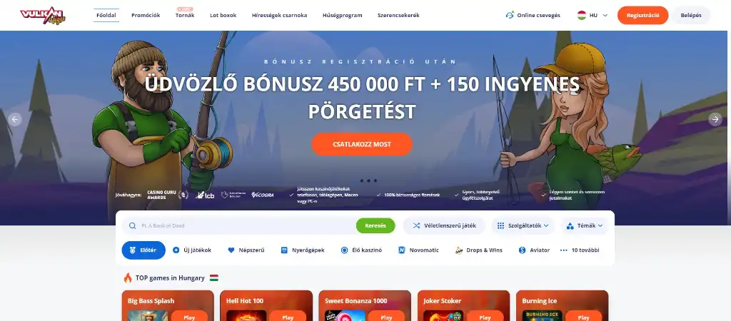 A Vulkan Vegas kaszinó kezdőlapja üdvözlő bónusz ajánlattal.