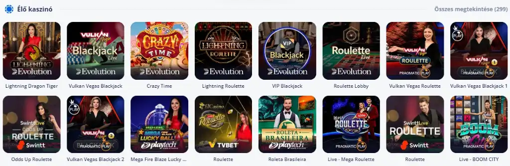 Élő kaszinójátékok a Vulkan Vegas kaszinóban, többek között blackjack, rulett és show játékok.