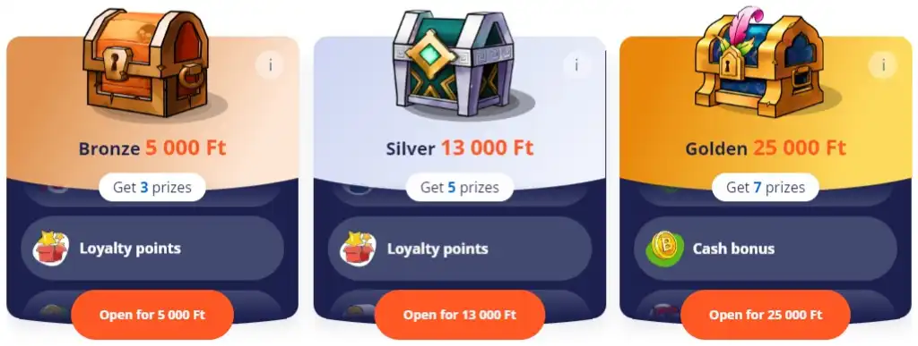 Vulkan Vegas kaszinó hűségprogram és loot box ajánlatok bronz, ezüst és arany szinten.