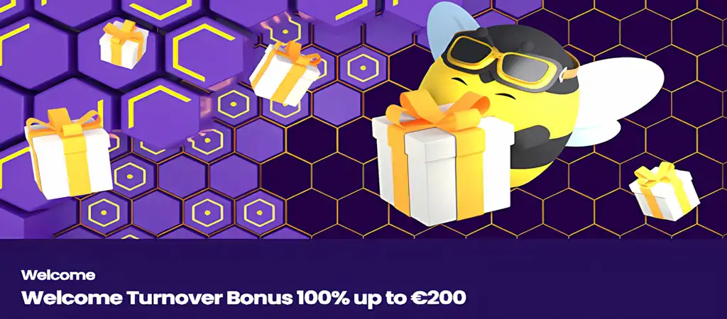Wazbee Casino &Uuml;dv&ouml;zlő B&oacute;nusz aj&aacute;nlat m&eacute;hecske karakterrel, aki aj&aacute;nd&eacute;kdobozokat tart, 100%-os b&oacute;nusz &euro;200-ig.