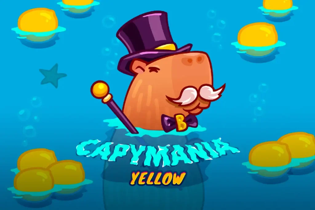 CapymaniaYellow kaparós sorsjegy játék logója lebegő érmékkel, készítette a BGaming.
