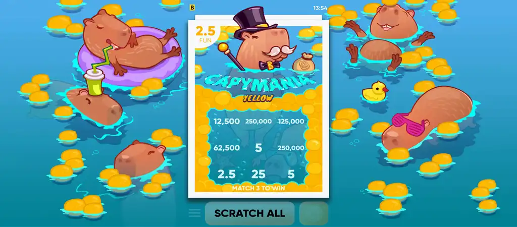 CapymaniaYellow online kaparós sorsjegy játék képernyője, vízben úszó kapibarákkal és érmékkel, készítette a BGaming.