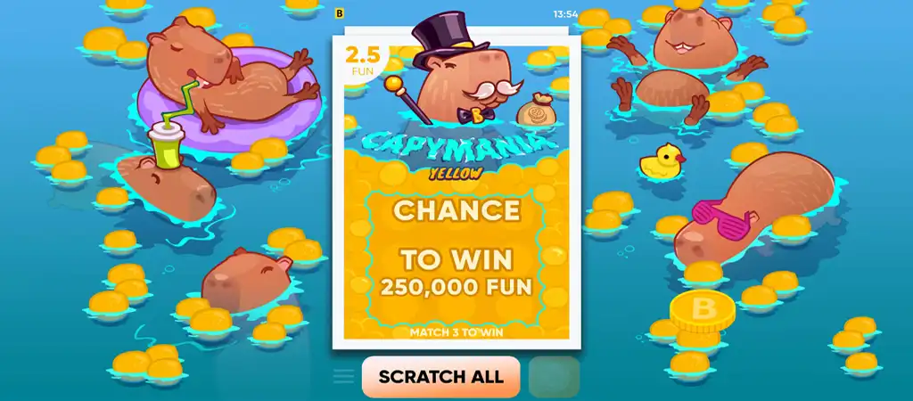 CapymaniaYellow kaparós sorsjegy játék képe, esély mutatóval és kapibarákkal a vízben, készítette a BGaming.