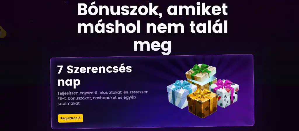 Iwild Casino b&oacute;nusz aj&aacute;nlatok fel&uuml;lete, amely a 7 szerencs&eacute;s nap prom&oacute;ci&oacute;t &eacute;s k&uuml;l&ouml;nb&ouml;ző aj&aacute;nd&eacute;k b&oacute;nusz jutalmakat mutatja a j&aacute;t&eacute;kosok sz&aacute;m&aacute;ra