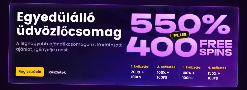 iWild Casino &uuml;dv&ouml;zlő b&oacute;nusz csomag 550%-os b&oacute;nusz ak&aacute;r 4000 &euro;-ig &eacute;s 550 ingyen p&ouml;rget&eacute;s &uacute;j j&aacute;t&eacute;kosoknak.