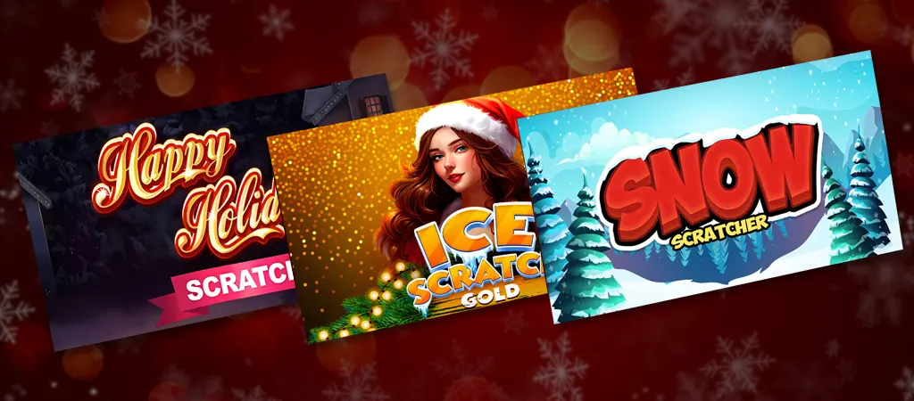 Karácsonyi témájú online sorsjegyek: Happy Holidays Scratch, Ice Scratcher Gold és Snow Scratcher.