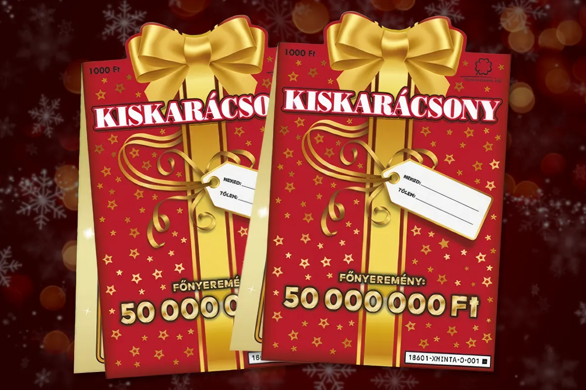 Kiskarácsony sorsjegy piros és arany dizájnnal, karácsonyi csomagolást idéző grafikával.